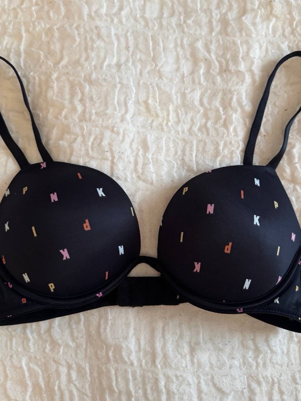 Victoria's Secret Black Push-Up Bra with Multicolor Letter Print